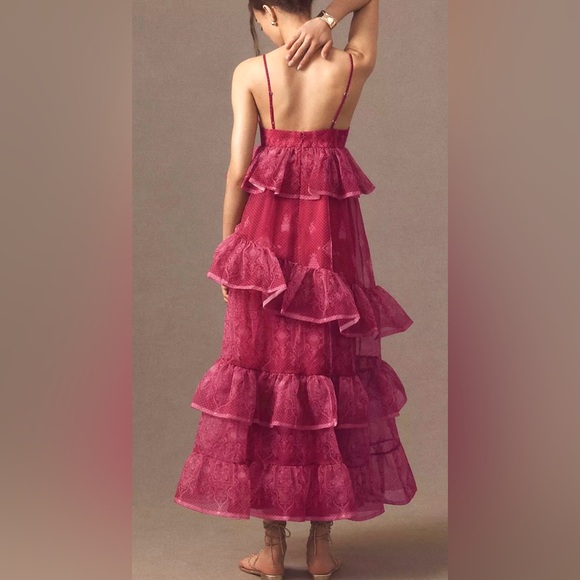 NWT, Let Me Be Sleeveless Sheer Tiered Midi Dress by Anthropologie pink size M - Picture 2 of 8